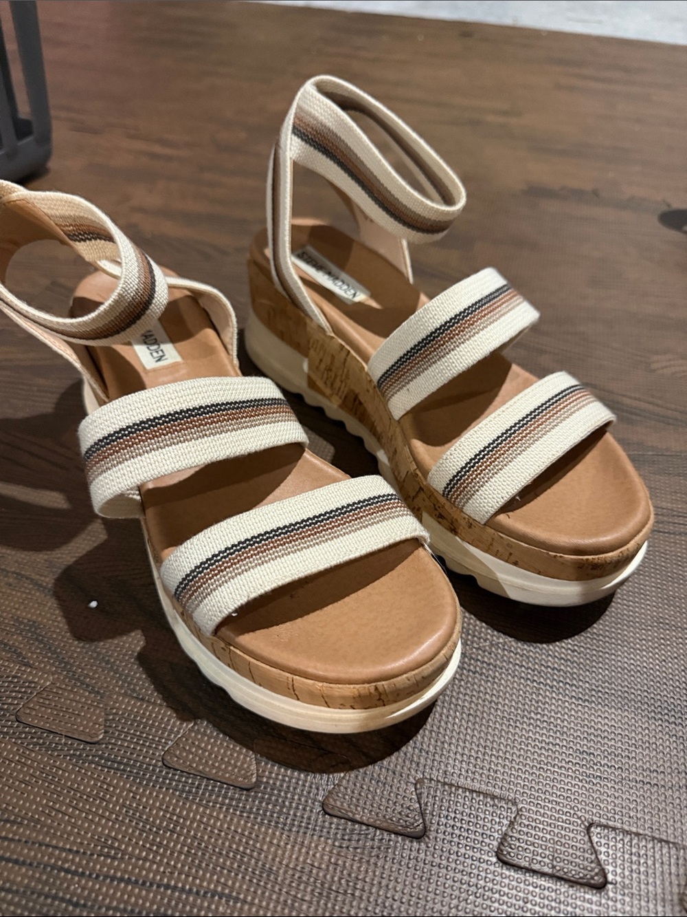 Steve Madden Cream and Tan Striped Platform Wedge Sandals